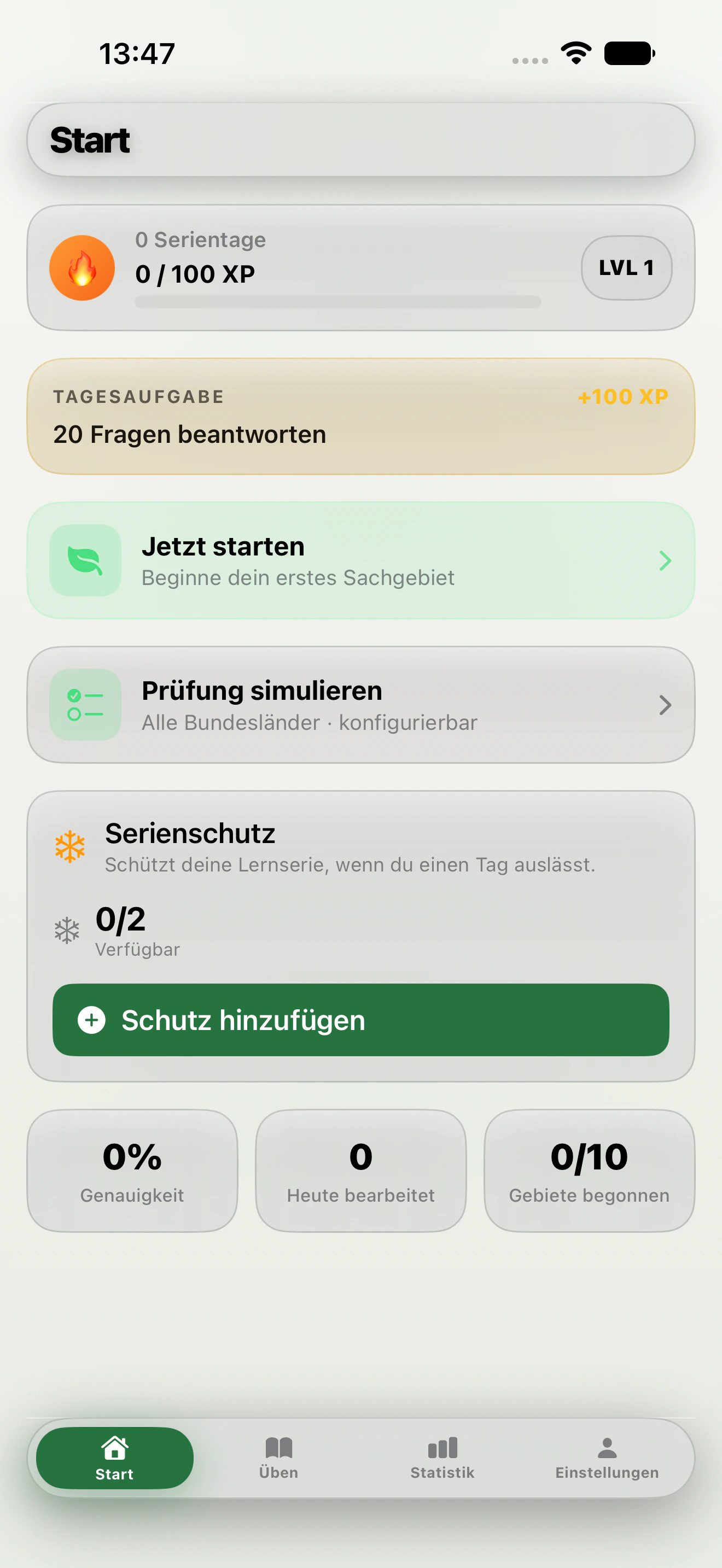 MeinJagdschein home screen with daily goal and exam simulation