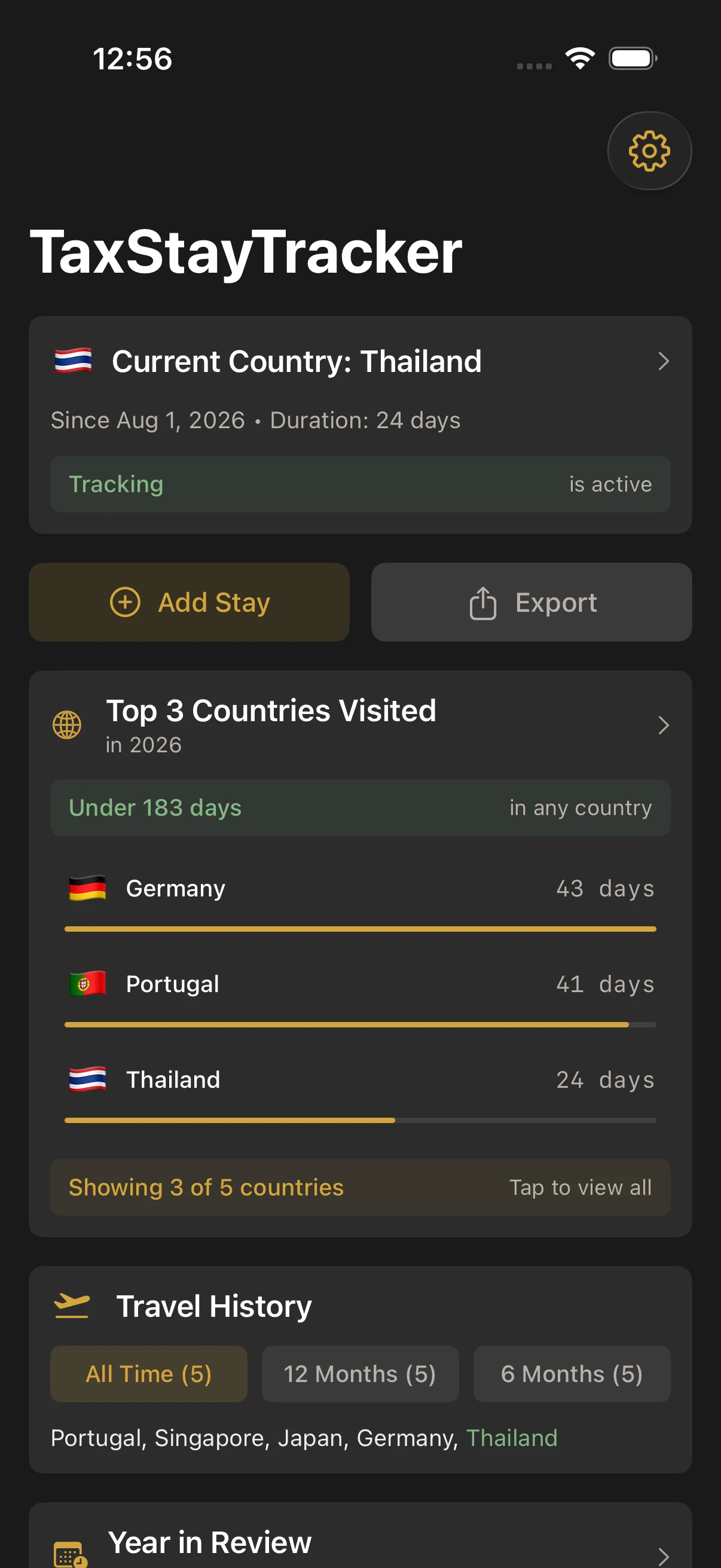 TaxStayTracker dashboard with a current stay and annual country totals