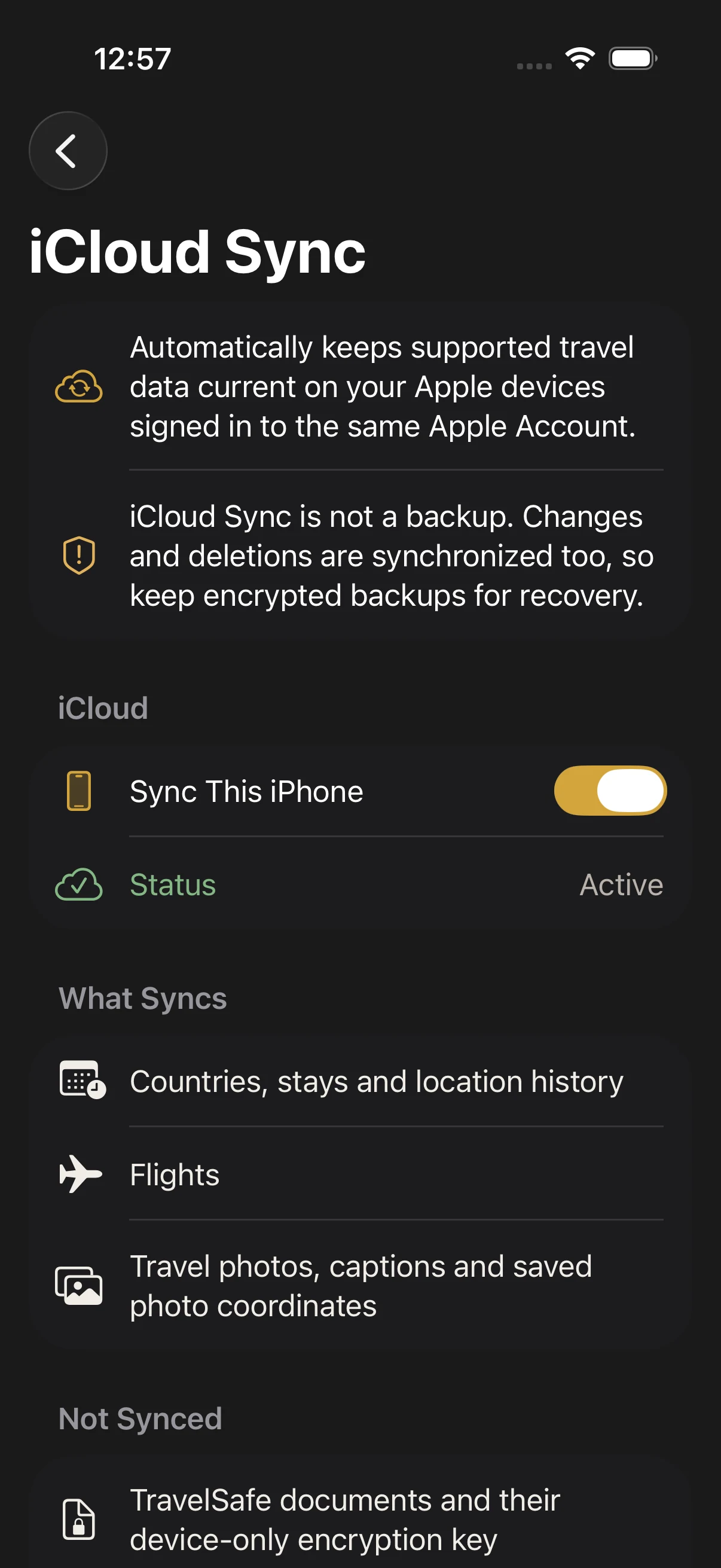 TaxStayTracker iCloud Sync settings showing synced and excluded data