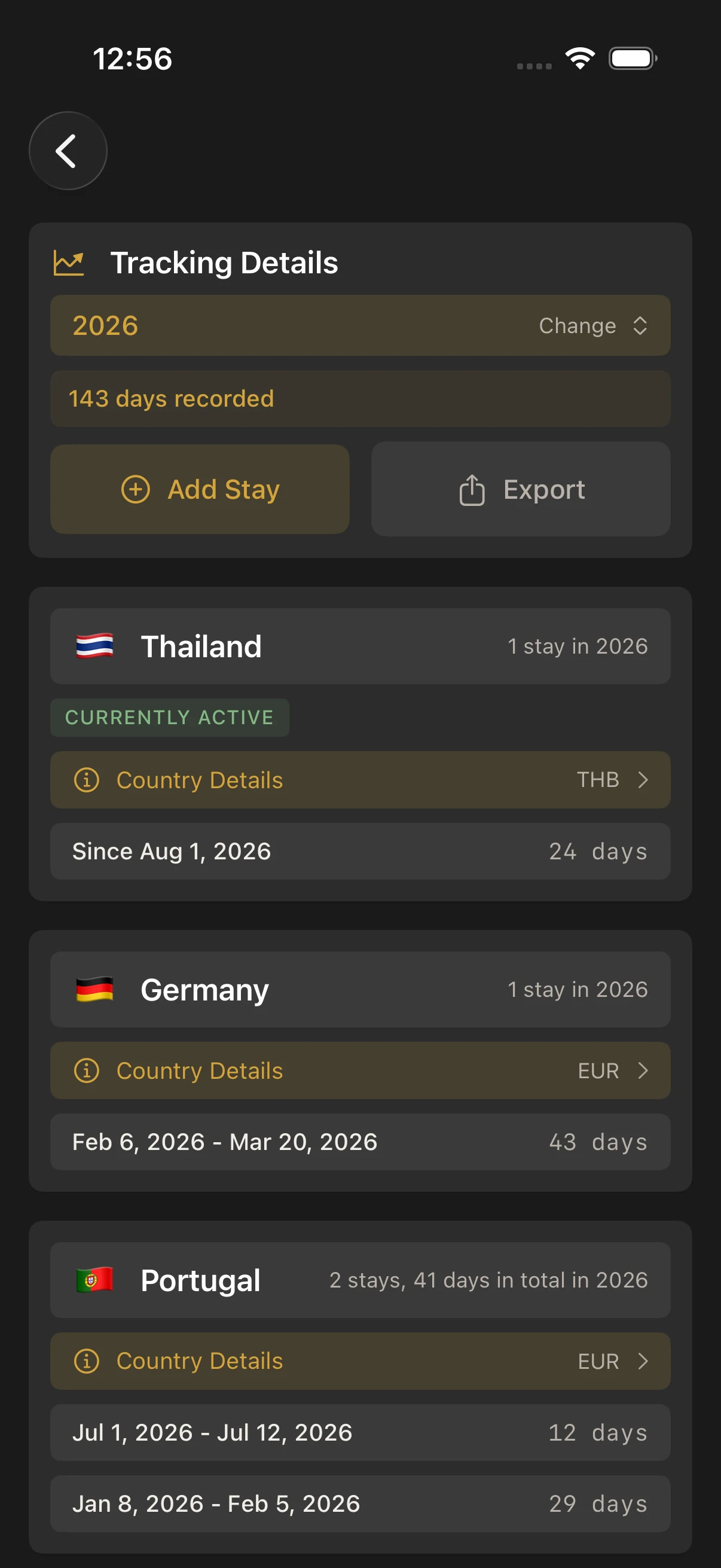 TaxStayTracker stay history with synthetic country and date examples